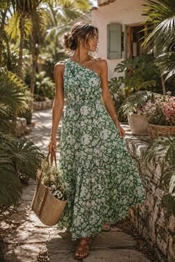 Tuckernuck Charina Sarte 100% Cotton Green White Floral Maxi Dress Size Large